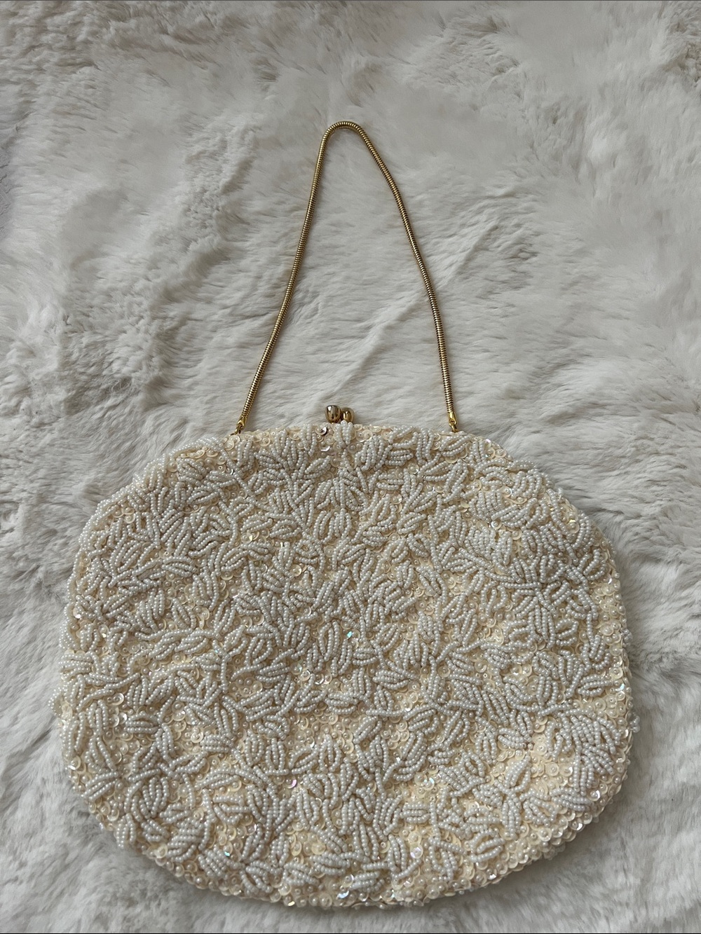 Vintage Beaded Sequin Purse Hand Made in Hong Kong Cream Gold Chain Oval Bag 7x9